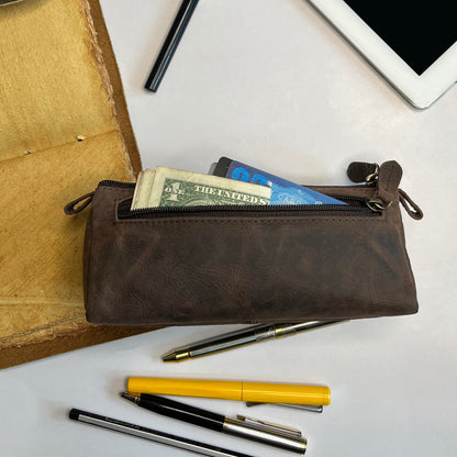 RUSTIC TOWN Leather Pencil Case - Handcrafted Zippered Stationery Bag, Marker Pen Pouch for Work & Office - Multi-Purpose Travel Organizer for Men & Women
