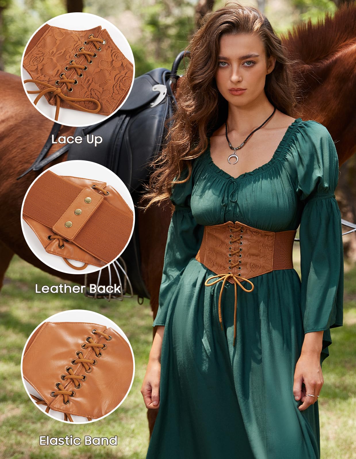 Scarlet Darkness Renaissance Corset Belt Lace-up Tied Waspie Wide Elastic Waist Belts for Women Brown M