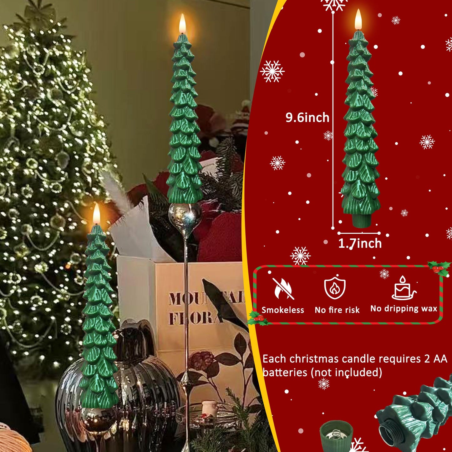 Qaeshi Christmas Tree Candles with Remote, Real Wax LED Flameless Taper Candles, Battery Operated 3D Flickering Candlesticks, Tree Taper Candle for Window Home Christmas Table Decorations (1pcs)