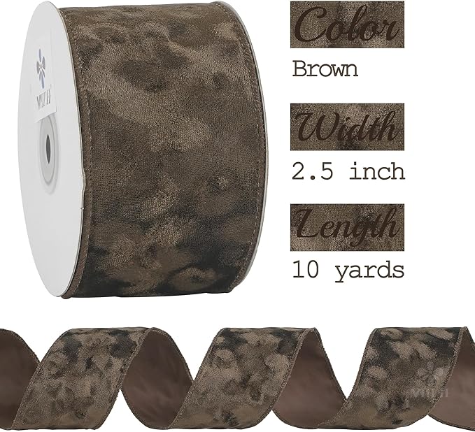 MEEDEE Brown Velvet Ribbon 2.5 inch Thick Velvet in 10 Yards Spool Fall Wired Ribbon for Wreaths, Christmas Tree, Gift Wrapping, Garland, Wreaths, Bows, Swags, Crafts Supply