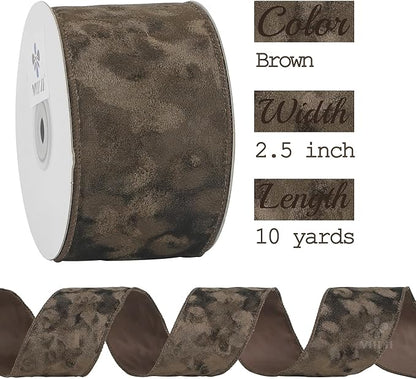 MEEDEE Brown Velvet Ribbon 2.5 inch Thick Velvet in 10 Yards Spool Fall Wired Ribbon for Wreaths, Christmas Tree, Gift Wrapping, Garland, Wreaths, Bows, Swags, Crafts Supply