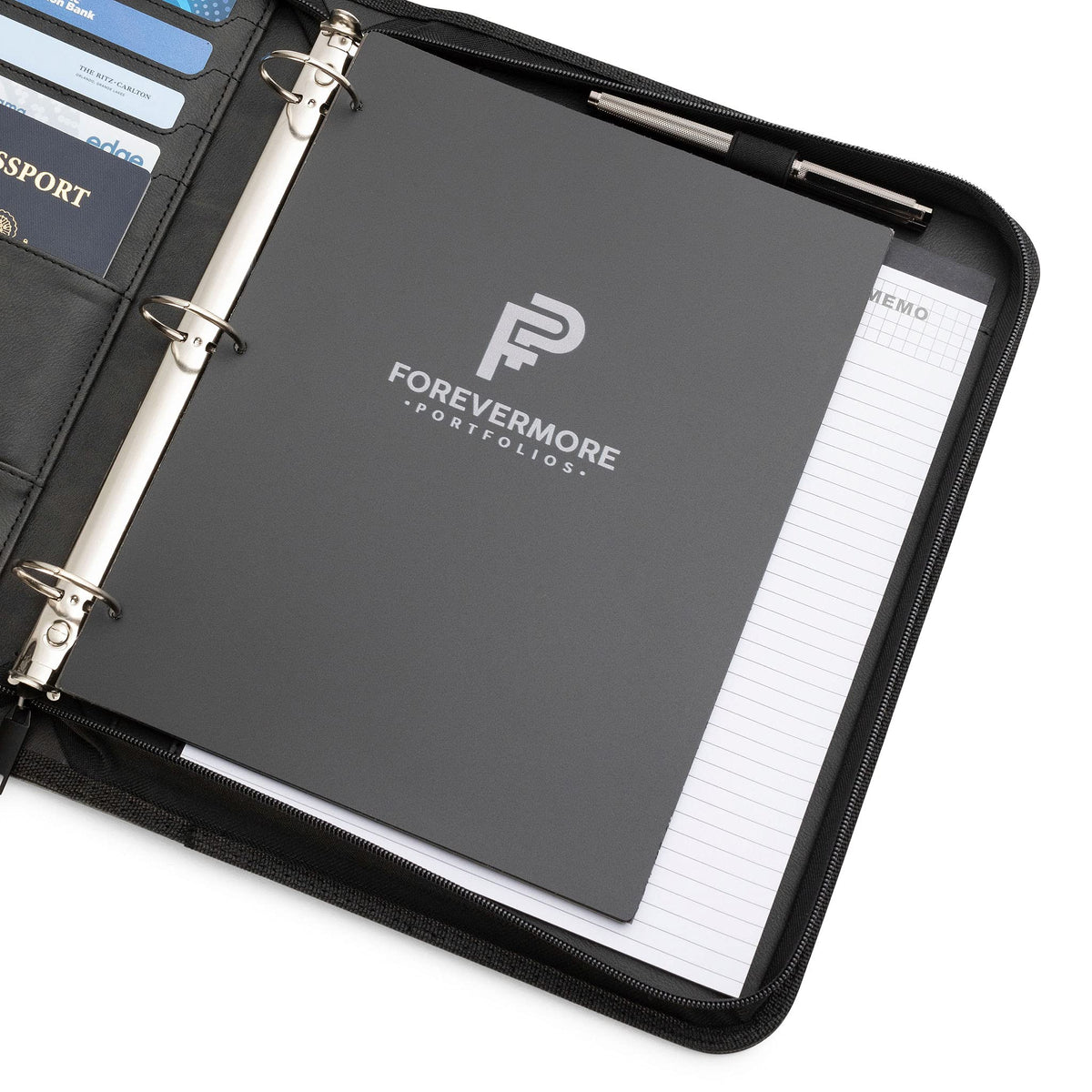 Forevermore Portfolios Portfolio Organizer - 3 Ring Binder with Notepad - 1.5 Inch Rings - Zippered Storage Pockets for Papers, Travel Documents, Presentation Folder, Cards, Passport, Tickets - Black