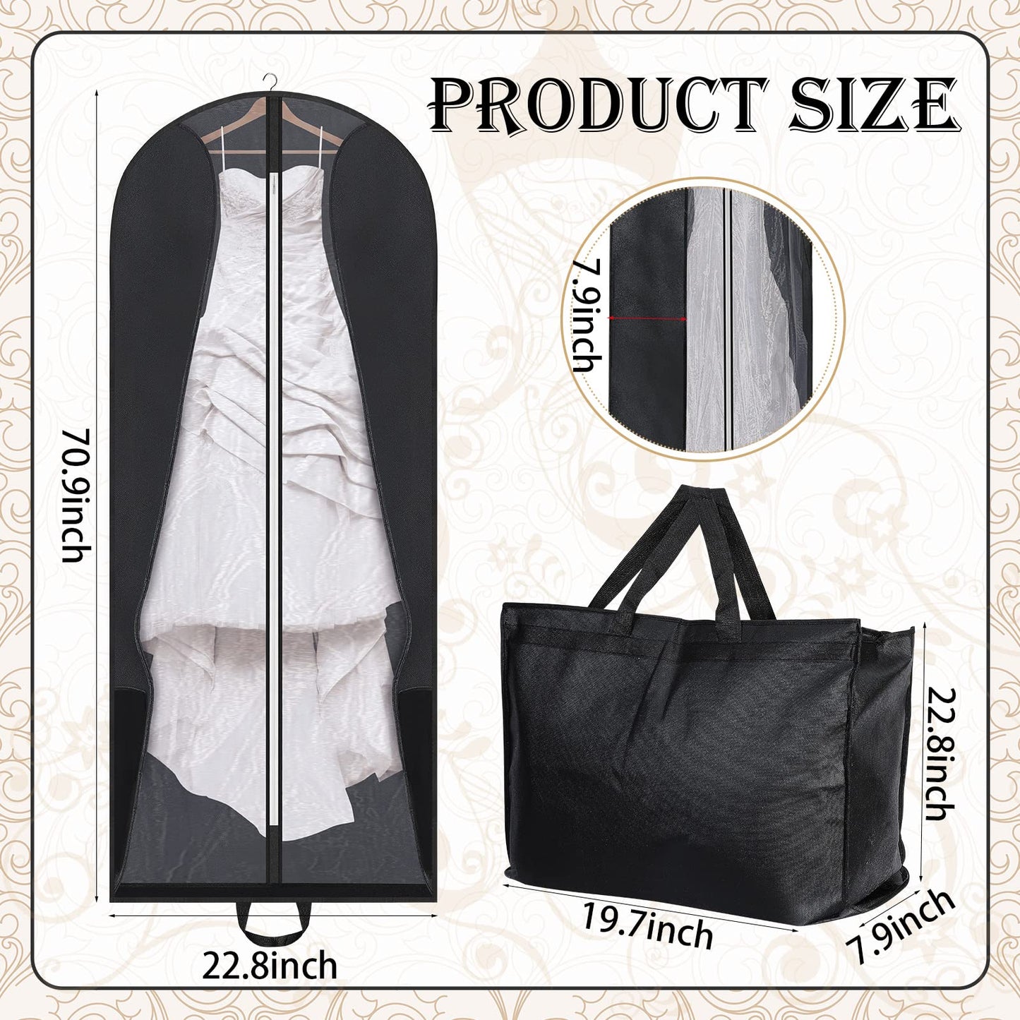 Fabbay 2 Pcs 70" Bridal Wedding Gown Dress Garment Bag Extra Large Long Foldable Portable Travel Covers Garment Bags Hanging Luggage Storage with Pockets for Women's Prom, Gusseted Black