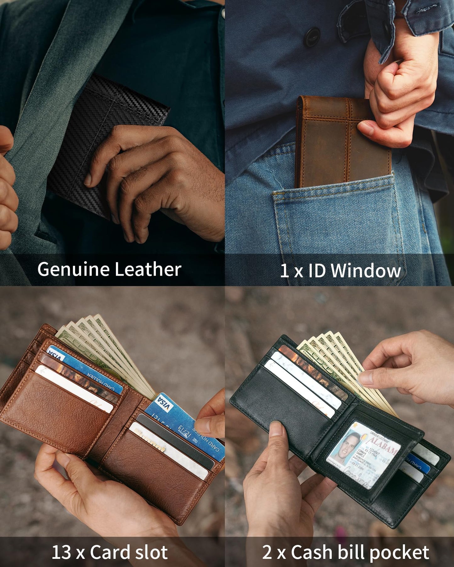 Artpaxy Mens Wallet Bifold Genuine Leather RFID Blocking Wallet for Men with 1 ID Window 13 Card Holders 2 cash pockets 1 Gift Box