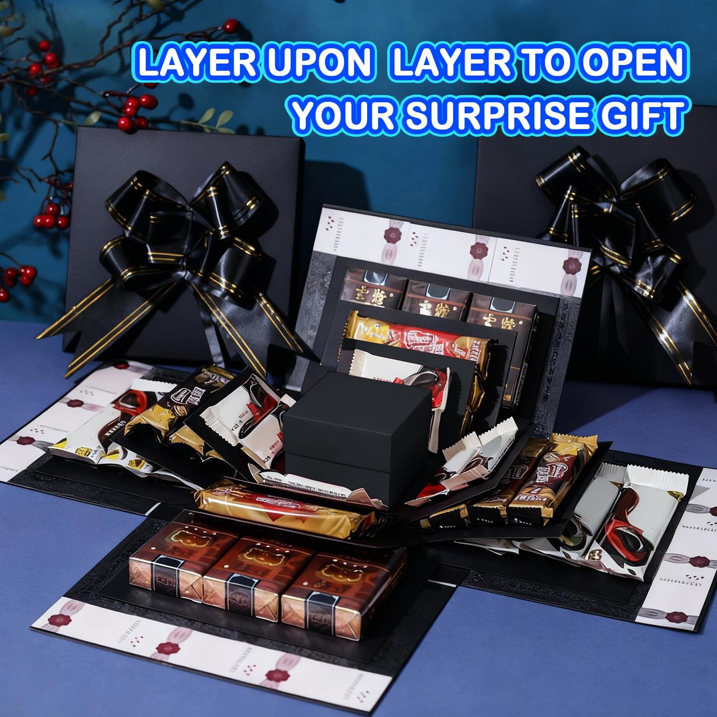 5-Layer creative explosion gift box, gift wrap box. Creating a 5-Layer of various gifts by yourself. An ideal, mysterious self-made gift for birthday, Christmas and anniversaries. (Black, Square)