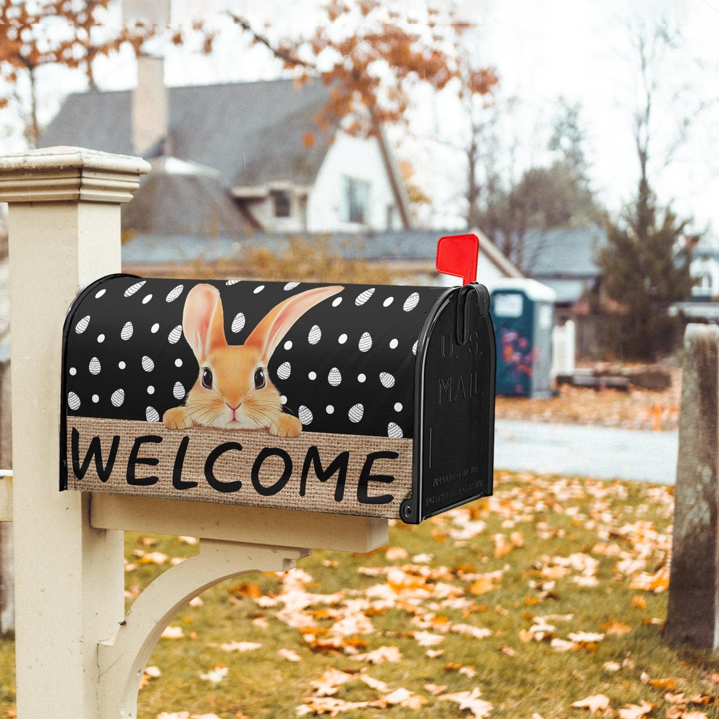 Anyako Easter Bunny Welcome Mailbox Covers Magnetic Standard Size 18" X 21",Easter White Eggs Black Mailbox Wraps Post Letter Box Spring Easter Cover for Holiday Garden Yard Decor