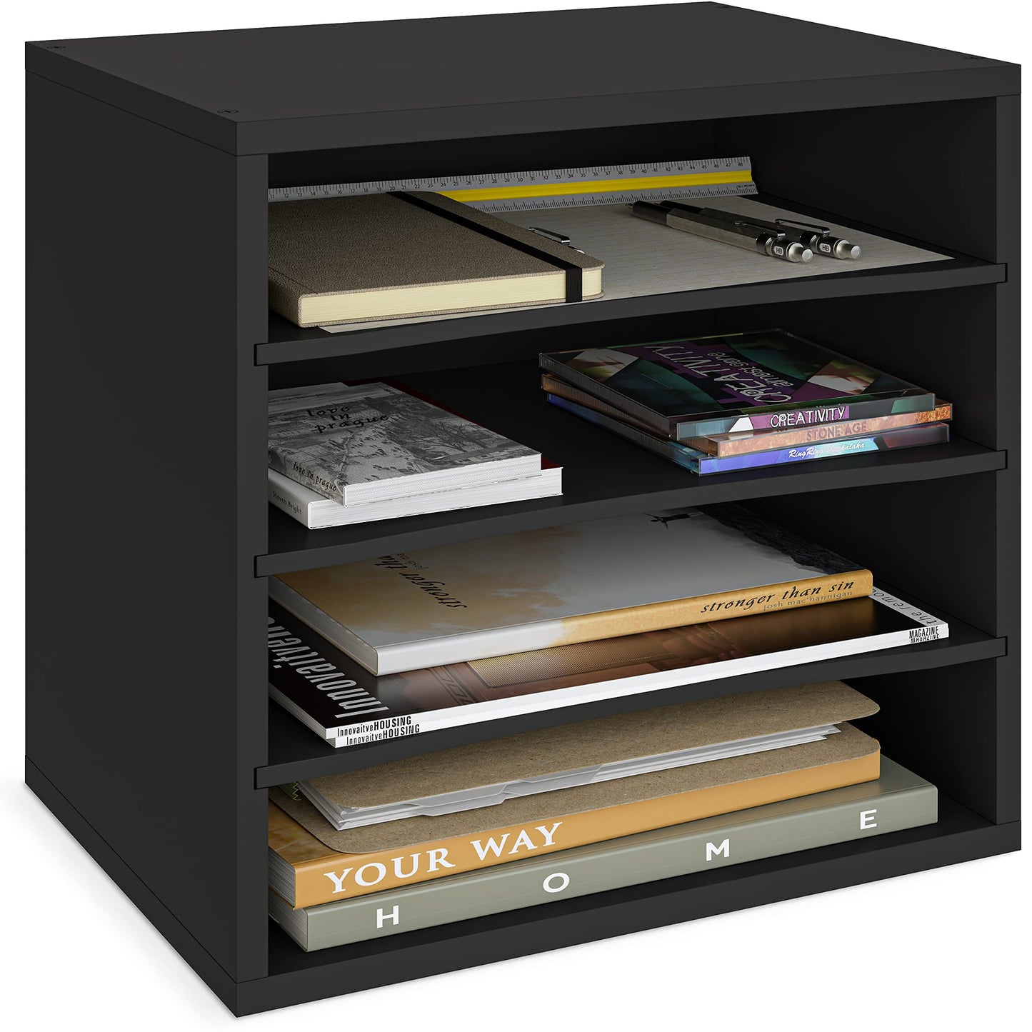 Ballucci 4-Tier Paper Organizer for Desk, Stackable Tray, Desk Storage Organizer Shelves, Stacking Letter Paper Tray Sorter for Classroom Office, Black