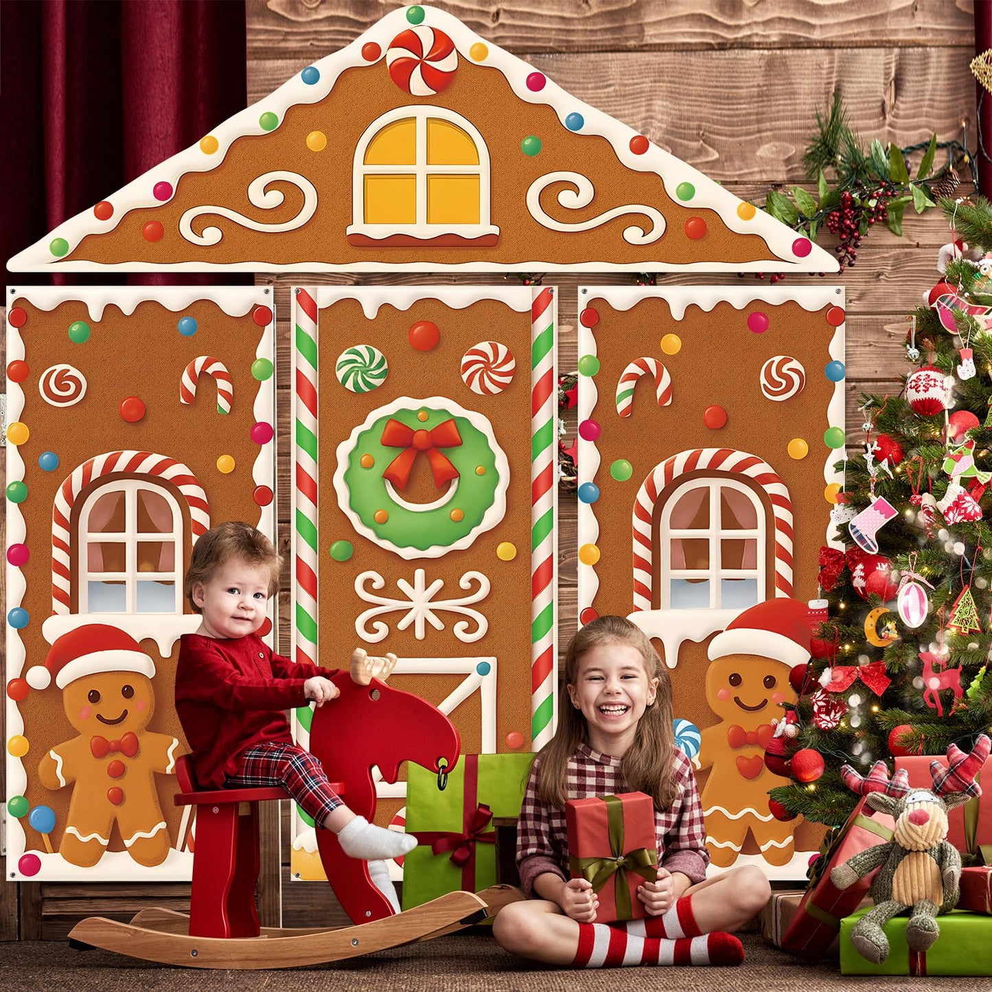 4Pcs Christmas Gingerbread House Door Cover Decorations, Gingerbread Door Cover Christmas House Backdrop for Xmas Photography Background Holiday Party Décor