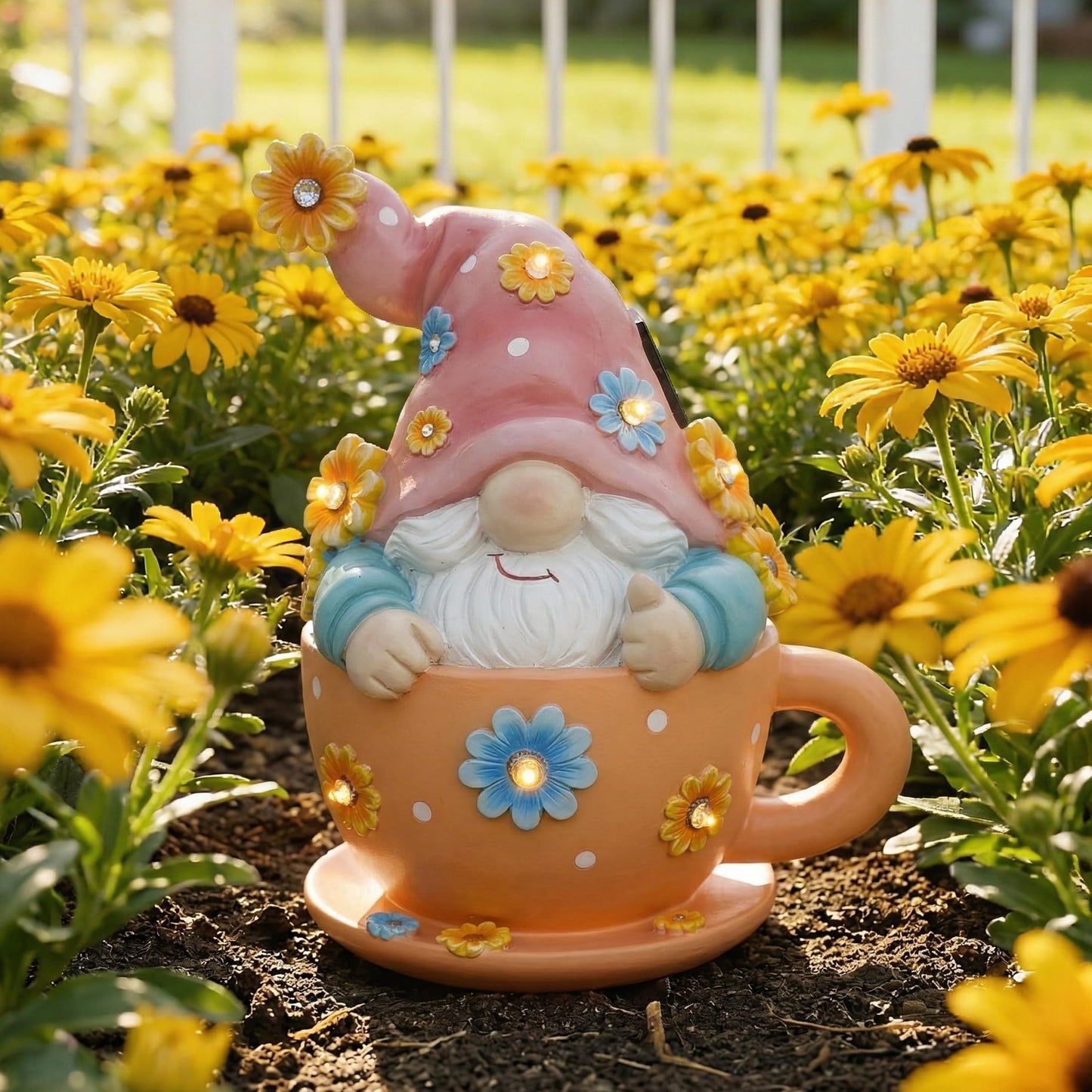 Joint Honglin Solar Garden Gnome Statue in Teacup - Outdoor Gnome Figurine with 5 Glowing LED Flowers, Waterproof Resin Yard Art Decor for Patio, Lawn, Porch, Fairy Garden Gift for Tea Lovers
