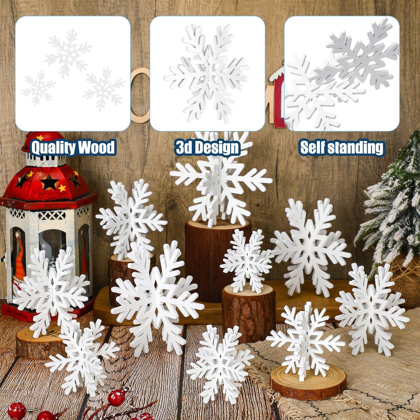 Qunclay 20 Pcs Wooden Snowflake Decorations 3D Snowflake Tabletop Decor Winter Signs and Centerpiece for Winter Wonderland Decorations Xmas Tiered Tray Decor(White)