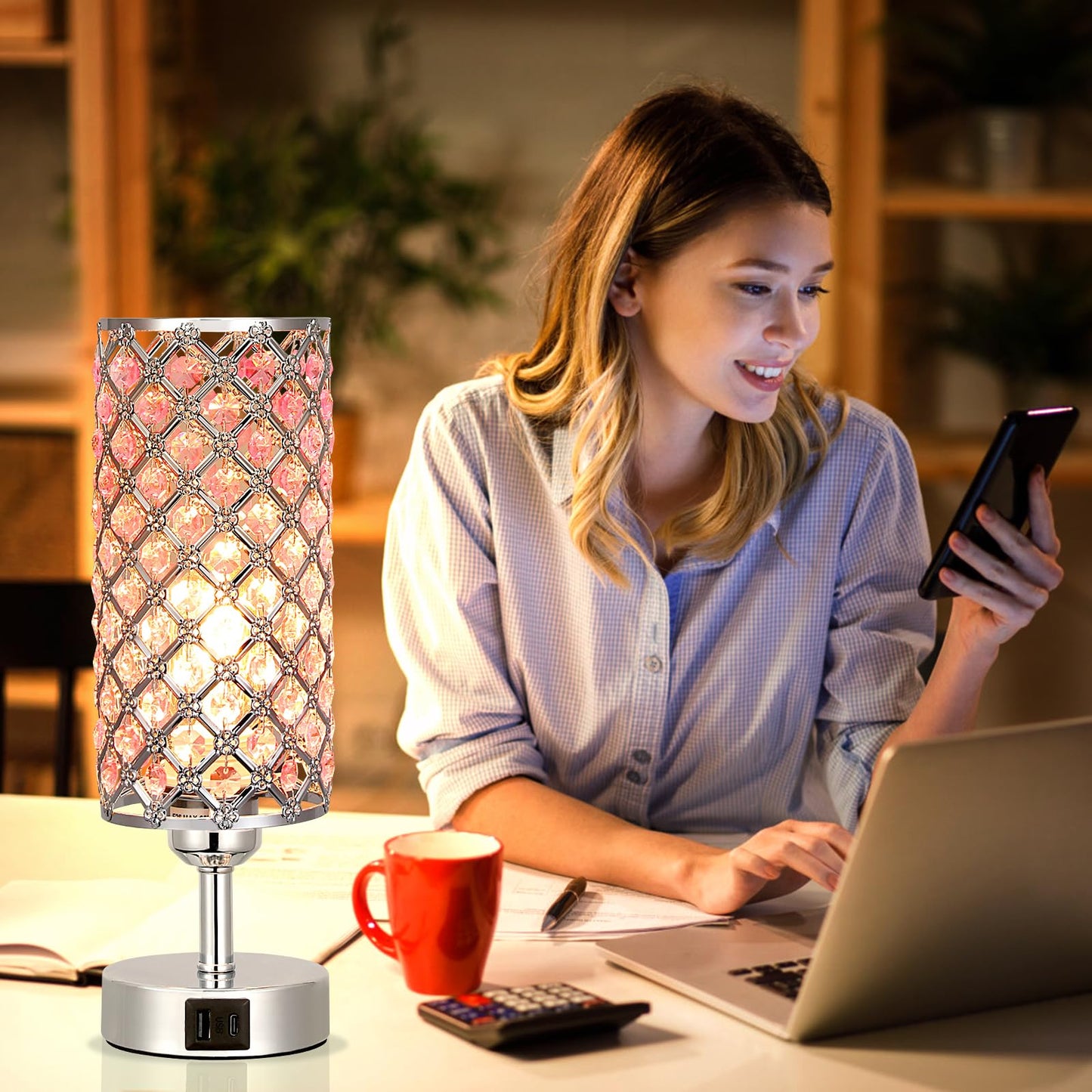 Hong-in Crystal Table Lamp, Pink Touch Lamp with USB C+A Ports, 3 Way Dimmable Bedroom Light with Crystal Shade, Bedside Nightstand Small Lamp for Girl Bedroom, Living Room(Buld Included)