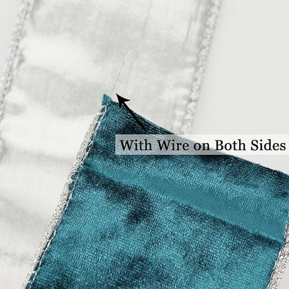 MEEDEE Crushed Teal Velvet Ribbon with Silver Back Double Sided 2.5 inch 10 Yards Blue and Gray Wired Ribbon for Christmas Tree, Wreath Supplies, Crafts Bow, Garlands, Seasonal Decorations