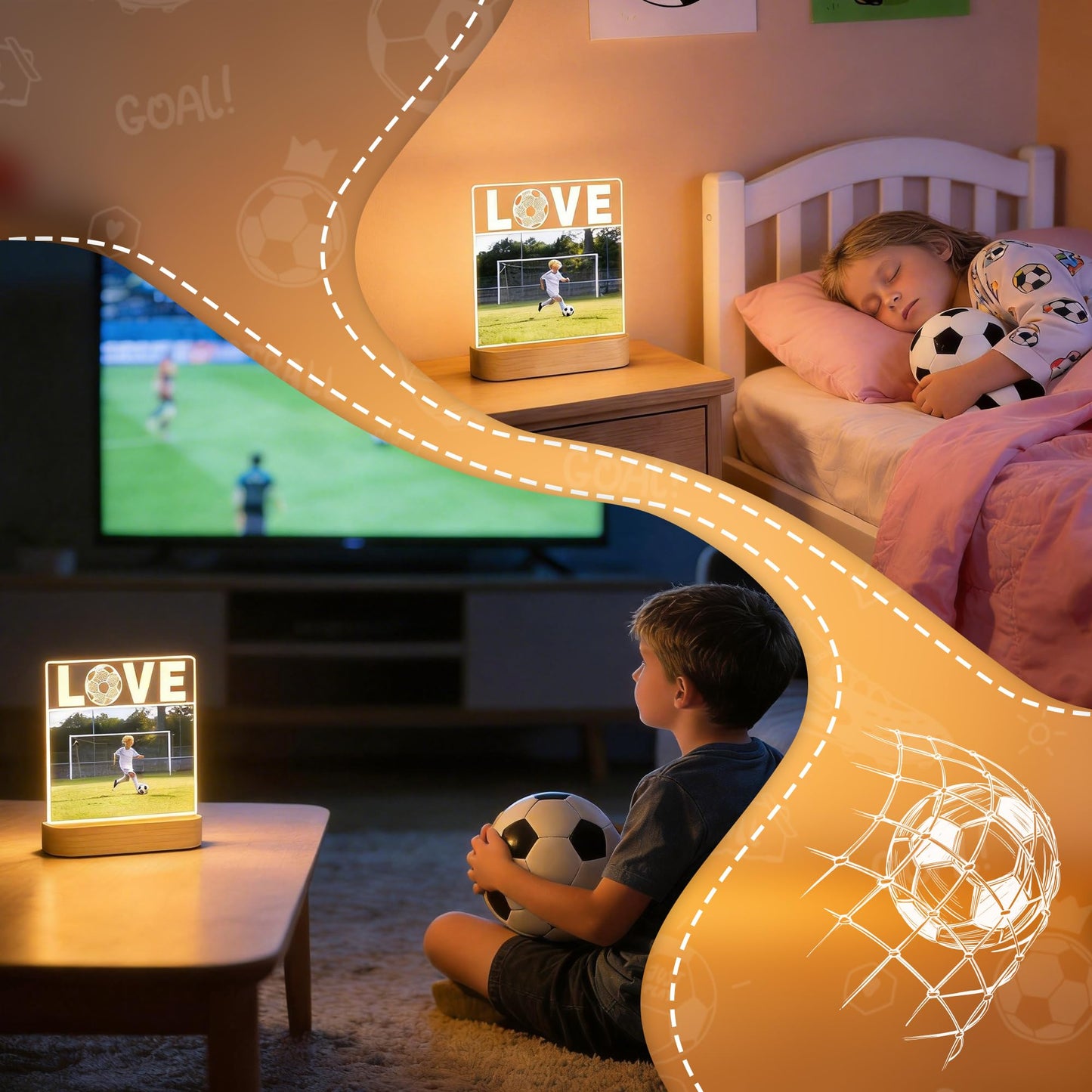 Okayera Light up Picture Frame, Soccer Gifts for Boy Teen Man, Love Football Frame LED Lamp with 4"X6" Photo, Sport Theme Bedroom Tabletop Office Decor, Present for Coach Athlete Fan Athletics