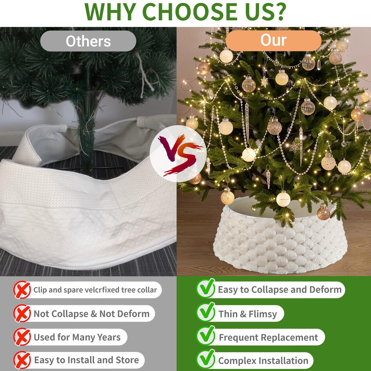 Christmas Tree Collar, Rustic White Luxury Plush Faux Fur Tree Collar with Stripe Textured Pattern, Soft Fluffy Xmas Tree Ring & Boho Tree Skirt for Indoor Home Holiday Decorations