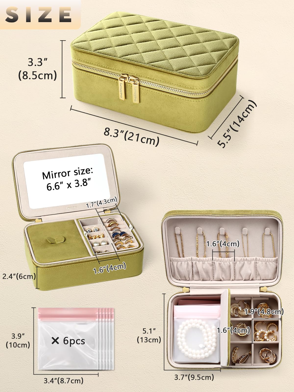 Lumayina Velvet Travel Jewelry Box with Large Mirror, Double-Layer Jewelry Organizer Case for Women and Girls, Portable Storage Case with 6 Anti-Tarnish Bags Gift Ready for Her (Avocado Green)