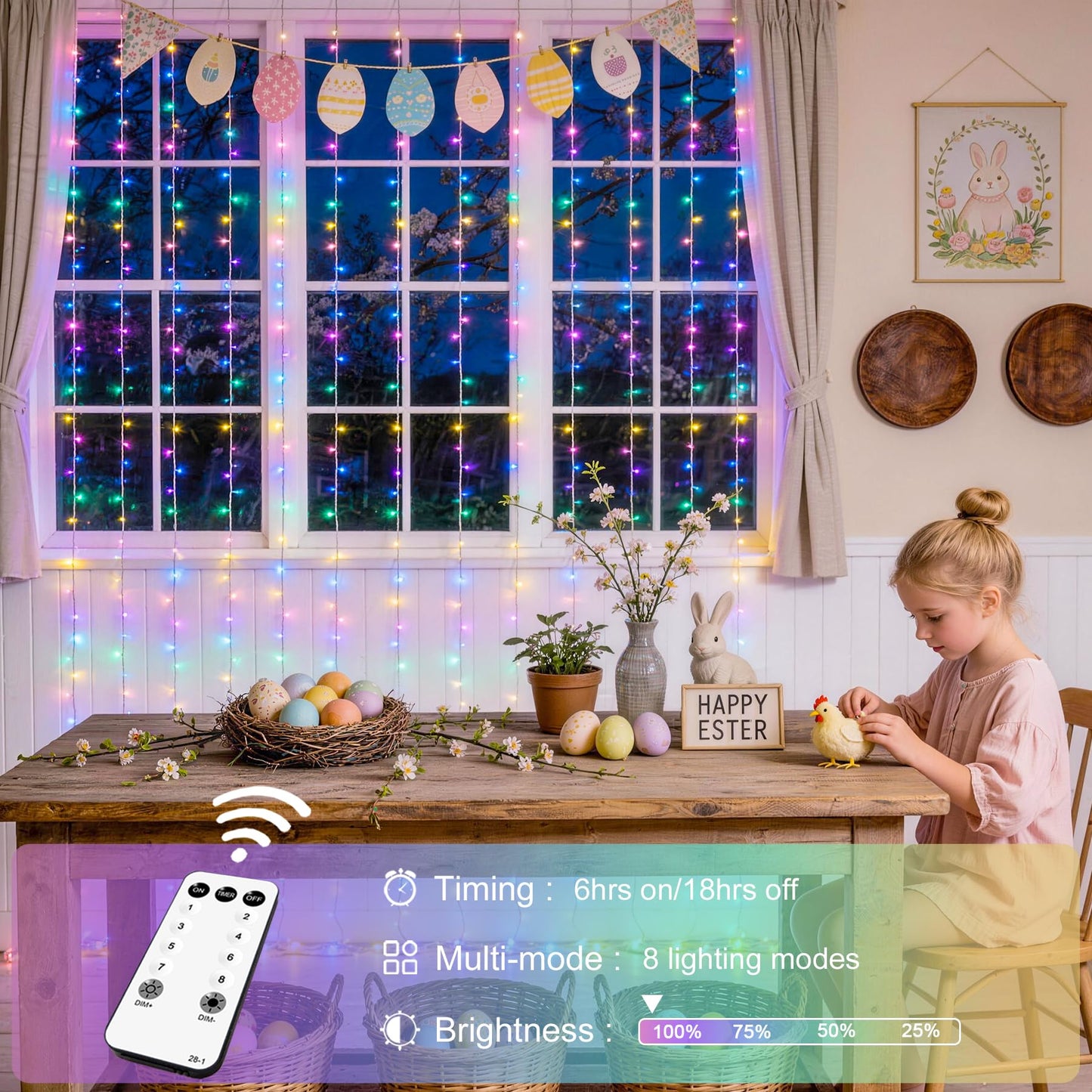 JMEXSUSS 300LED Easter Decorations Curtain Lights with Remote, 9.8x9.8ft Easter Sting Lights Plug in for Bedroom Wall Window Party Backdrop Porch Patio Garden Yard Indoor Outdoor Decor