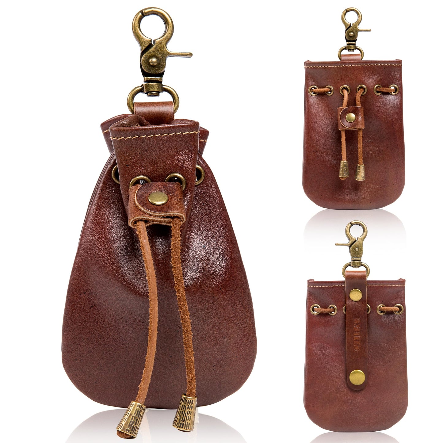 CHULEAG Vintage Medieval Drawstring Belt Pouch, FULL-GRAIN Leather, handmade, portable coin&dice purse with keychain. (small)