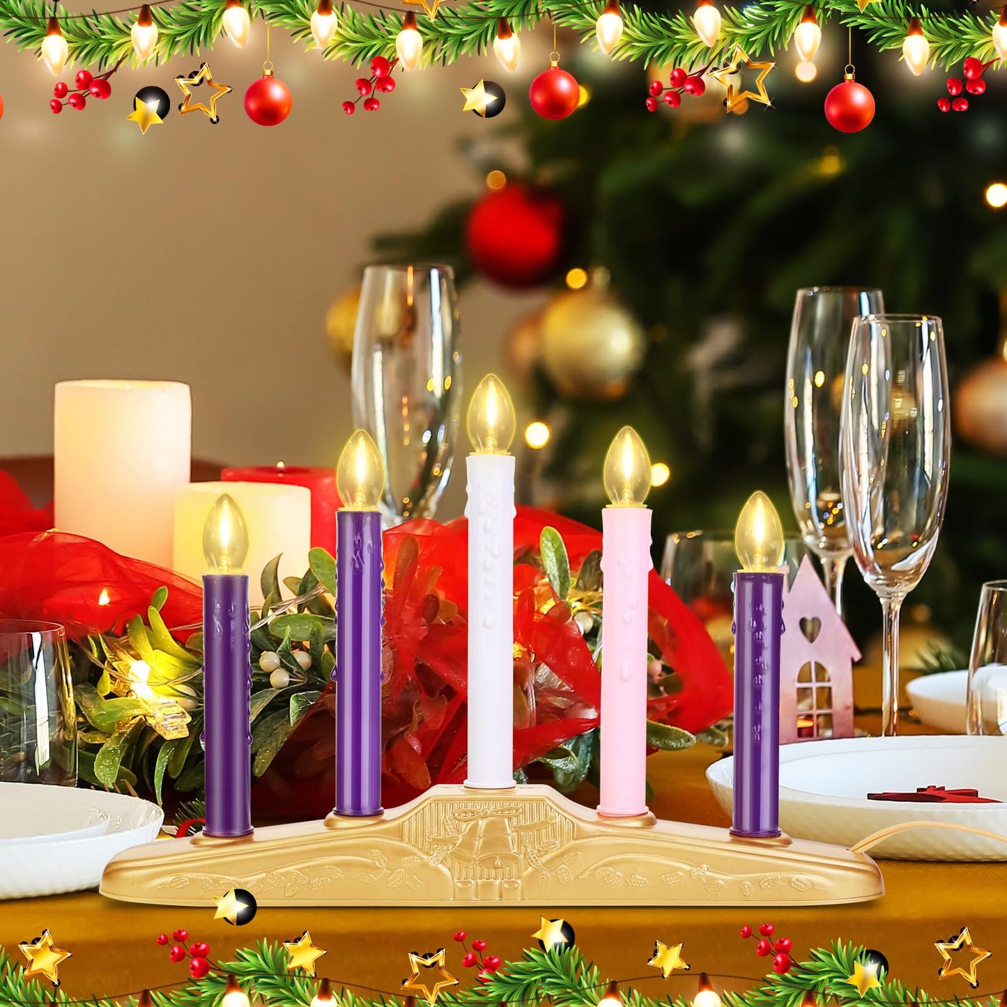 AFOROEOA 5 Light Christmas Electric Window Candles, Christmas Flameless Advent Candle Set with Purple Pink White Taper Candles 5 Bulbs 3ft Wire E12 Candelabra Base Window Candle for Home Table Decor