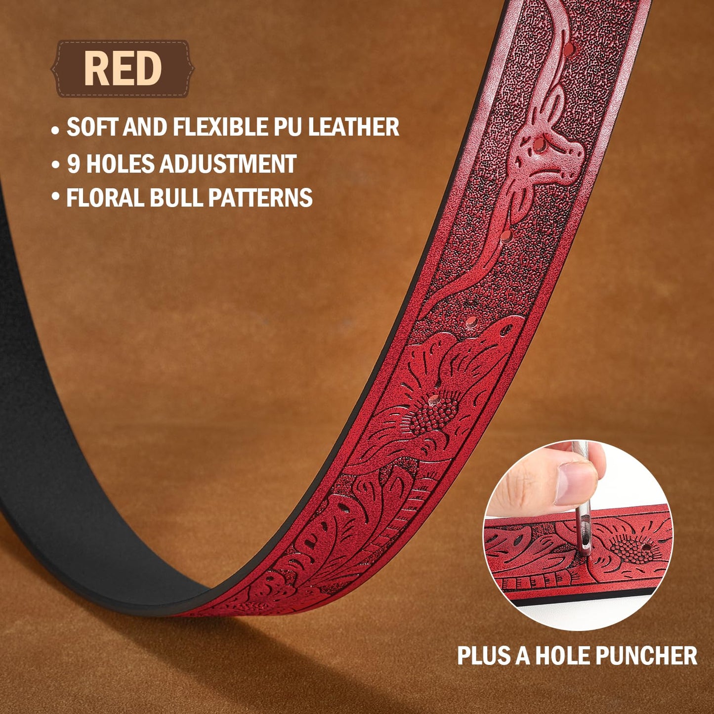UpFind Western Leather Belt Strap without Buckle for Women Men Retro 1.5" Wide Floral Engraved Cowboy Cowgirl Belts for Jeans, Red