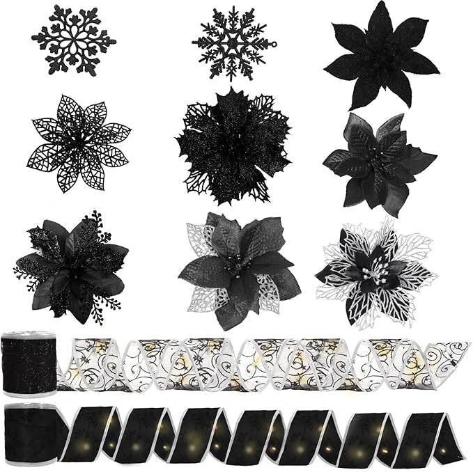 RECUTMS 72Pcs Christmas Tree Ornaments - Snowflake, Poinsettias Xmas Black Glitter Artificial Flowers Light Ribbon Clips for Wreath & Tree Decor (Black)