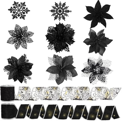 RECUTMS 72Pcs Christmas Tree Ornaments - Snowflake, Poinsettias Xmas Black Glitter Artificial Flowers Light Ribbon Clips for Wreath & Tree Decor (Black)
