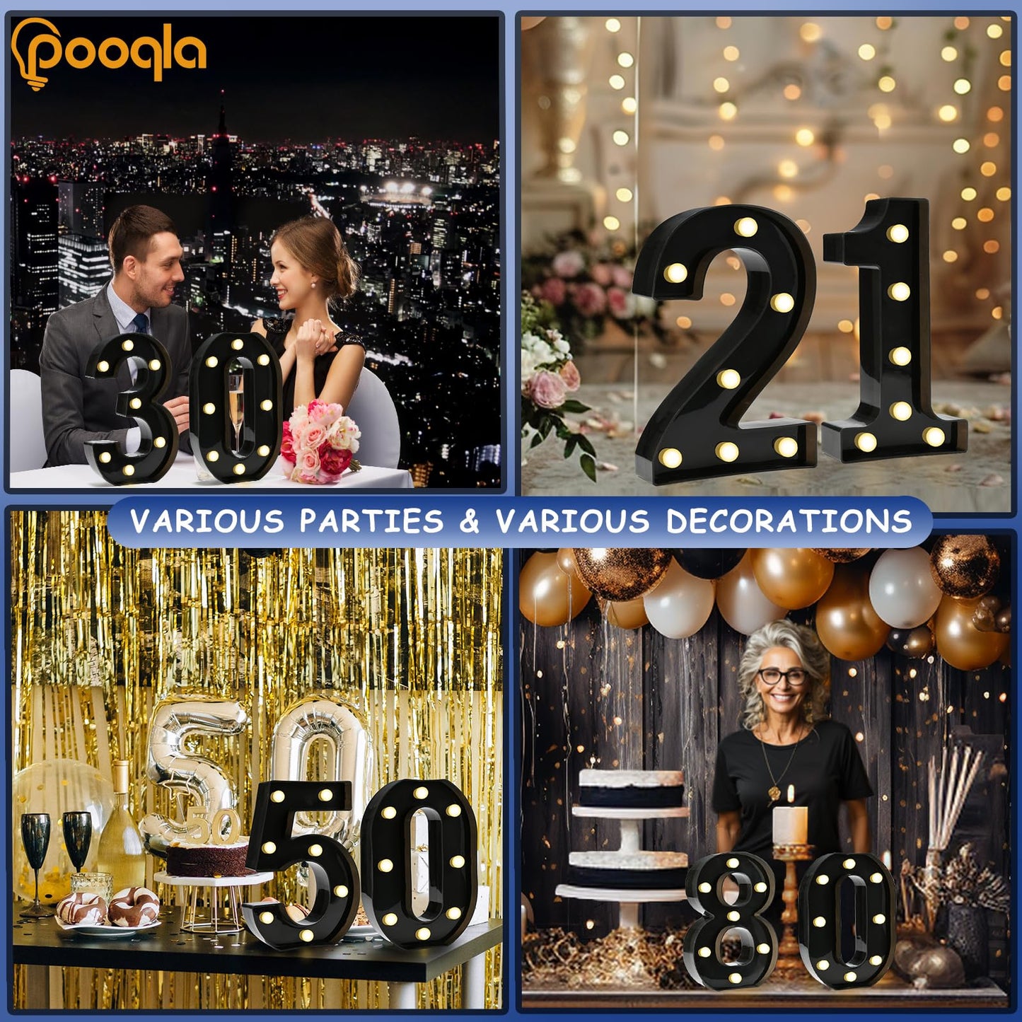 Pooqla Decorative Led Light Up Number Letters, Black Plastic Marquee Number Lights Sign for 30th Birthday Party Wedding Decor Battery Operated Black Decoration 30
