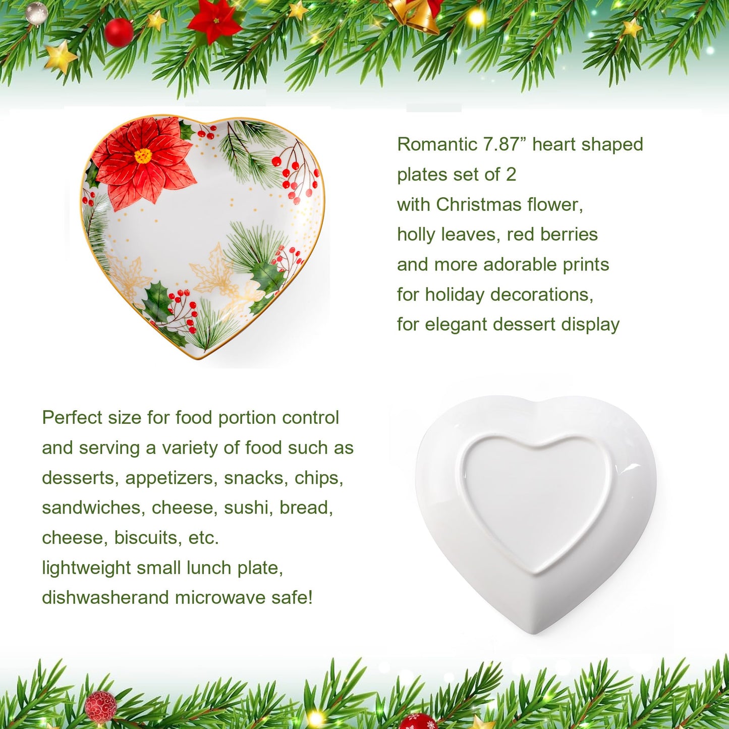 8 Inch Heart Shape Plate with Christmas Pattern, Ceramic Tray for Serving Appetizer, Cake, Candy and Holiday Dishes, for Holiday Table, Christmas Party or Festival Celebrations, Set of 2, Red Berries