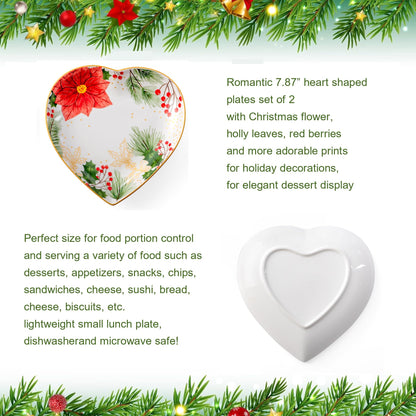 8 Inch Heart Shape Plate with Christmas Pattern, Ceramic Tray for Serving Appetizer, Cake, Candy and Holiday Dishes, for Holiday Table, Christmas Party or Festival Celebrations, Set of 2, Red Berries