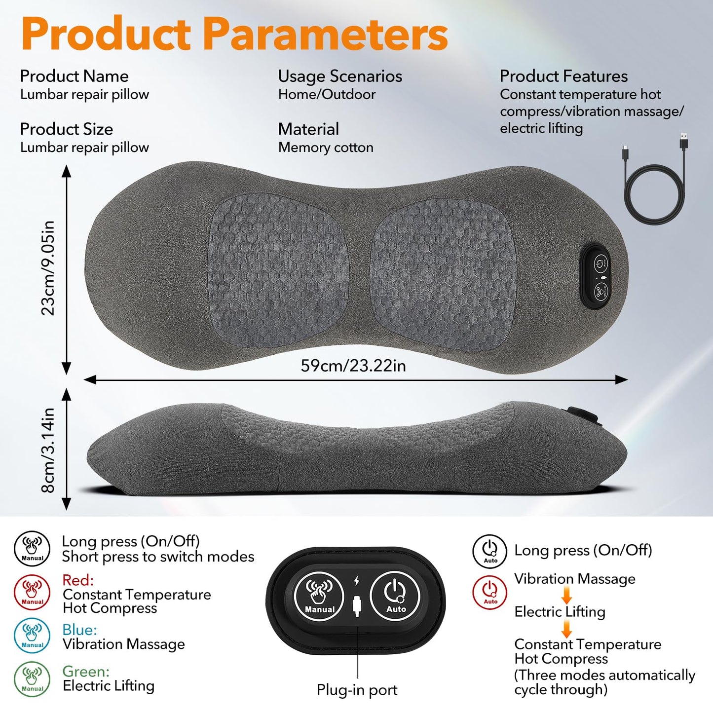 KITCADA Electric Lumbar Massager Support Pillow 3 in 1 with Adjustable Height for Bed and Chair, Back Massager with Heat, Massage for Pain Relief Deep Tissue, Waist Wedge Bolster