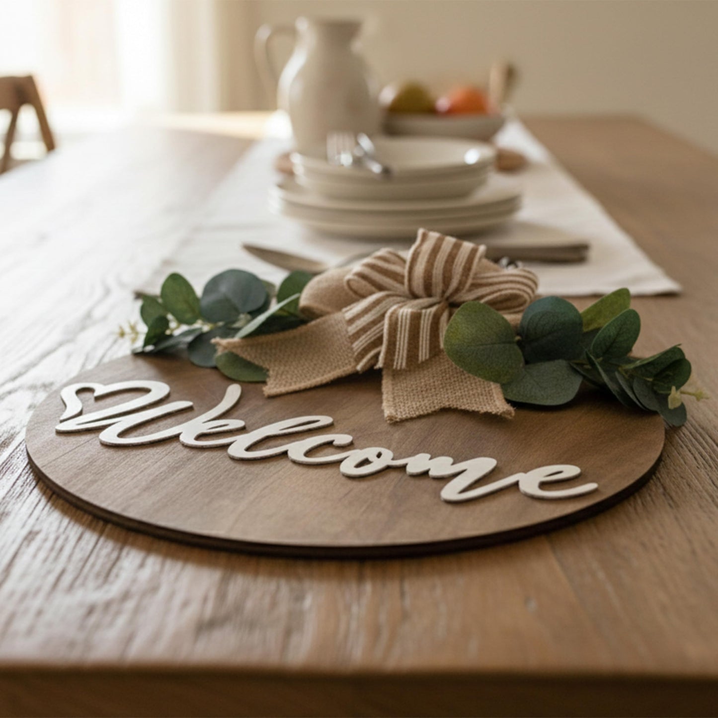 CondorPasea 12 Inch 3D Welcome Sign for Front Door, Round Wooden Welcome Door Sign with Artificial Greenery, Buffalo Plaid Bow & Rustic Beads, Farmhouse Porch Home Decor Gift