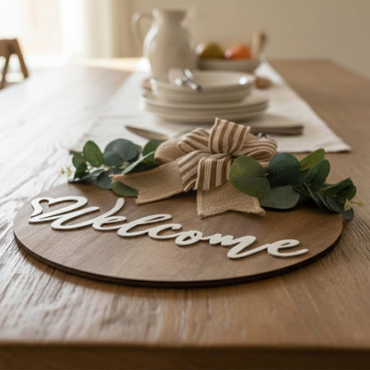 CondorPasea 12 Inch 3D Welcome Sign for Front Door, Round Wooden Welcome Door Sign with Artificial Greenery, Buffalo Plaid Bow & Rustic Beads, Farmhouse Porch Home Decor Gift
