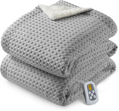 CAROMIO Heated Blanket Twin Size, Waffle Weave Electric Throw Blanket Fast Heating with LCD Controller, 10 Heat Levels & 1-12H Time Settings Auto Off, ETL Certified, Grey, 62" x 84"
