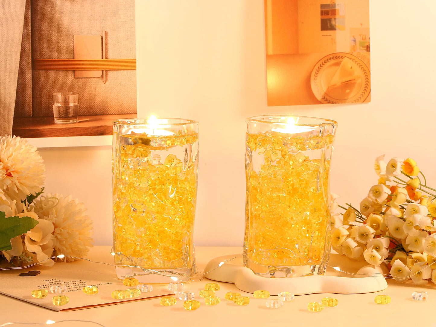 LAIDANLA 500PCS Mix Yellow Acrylic Star Gems Vase Fillers, Decorative Fake Crystals Gems for Centerpieces Table Scatter Wedding Decor Party Decorations DIY Crafts Home Decor