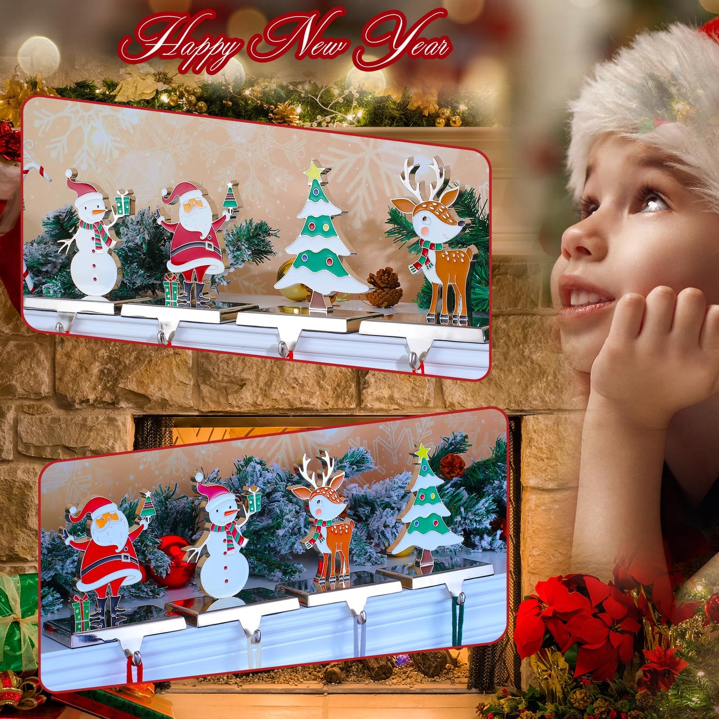 Baseo Christmas Stocking Holders Set of 4 Metal Christmas Stocking Holders for Fireplace-Xmas Deer Snowman Tree Santa Christmas Stocking Holder for Mantle-Stocking Hangers for Fireplace Topper