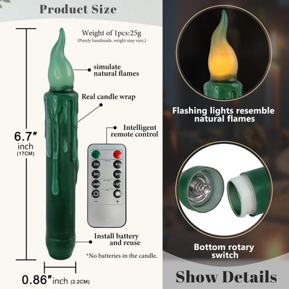 FCMSHAMD Christmas Red Green Flameless Short Taper Candles, Real Wax Hand Dipped LED Battery Operated with Remote, Flickering Flame Lights for Home Décor, 6.7 Inch Primitive Flameless Candles, 4PCS