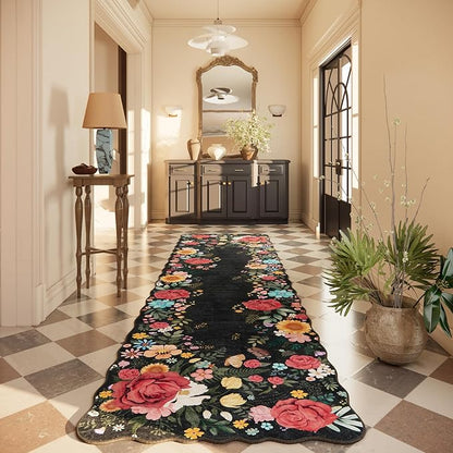 Kitchen Rug Runners for Hallways: 2'6''x10' Washable Runner Rugs for Kitchen Ultra Thin Stain Resistant Non Slip Low Pile Lightweight Vintage Floral Carpet for Farmhouse Decor (Black)