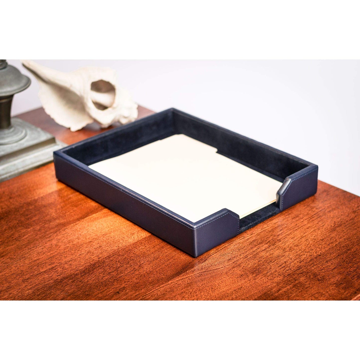 DACASSO Bonded Leather Desktop Letter Tray - Luxury Letter Holder & Paper Organizer for Desk - Office Organization & Executive Desk Decor - (Navy Blue) 13.5 x 10.5 x 2