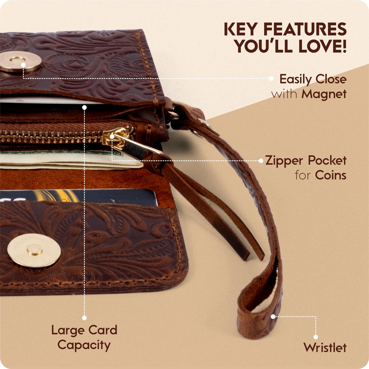 Toros Craft Handmade Wristlet Wallets for Women, Western Floral Leather Small Credit Card Holder with Zipper, Minimalist & Cute Coin Pouch, Genuine Leather, Dark Brown