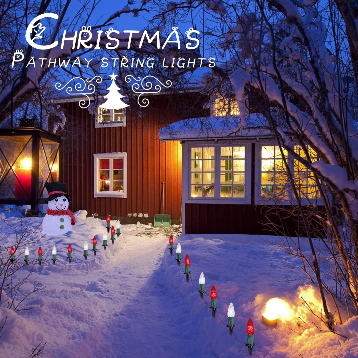 C9 LED Christmas Lights Outdoor with Stakes, 25.7 Feet 20 LED C9 Strawberry String Lights, Connectable Shatterproof Pathway Lights Marker for Path, Lane, Patio, Xmas Holiday Decorations, Red and White