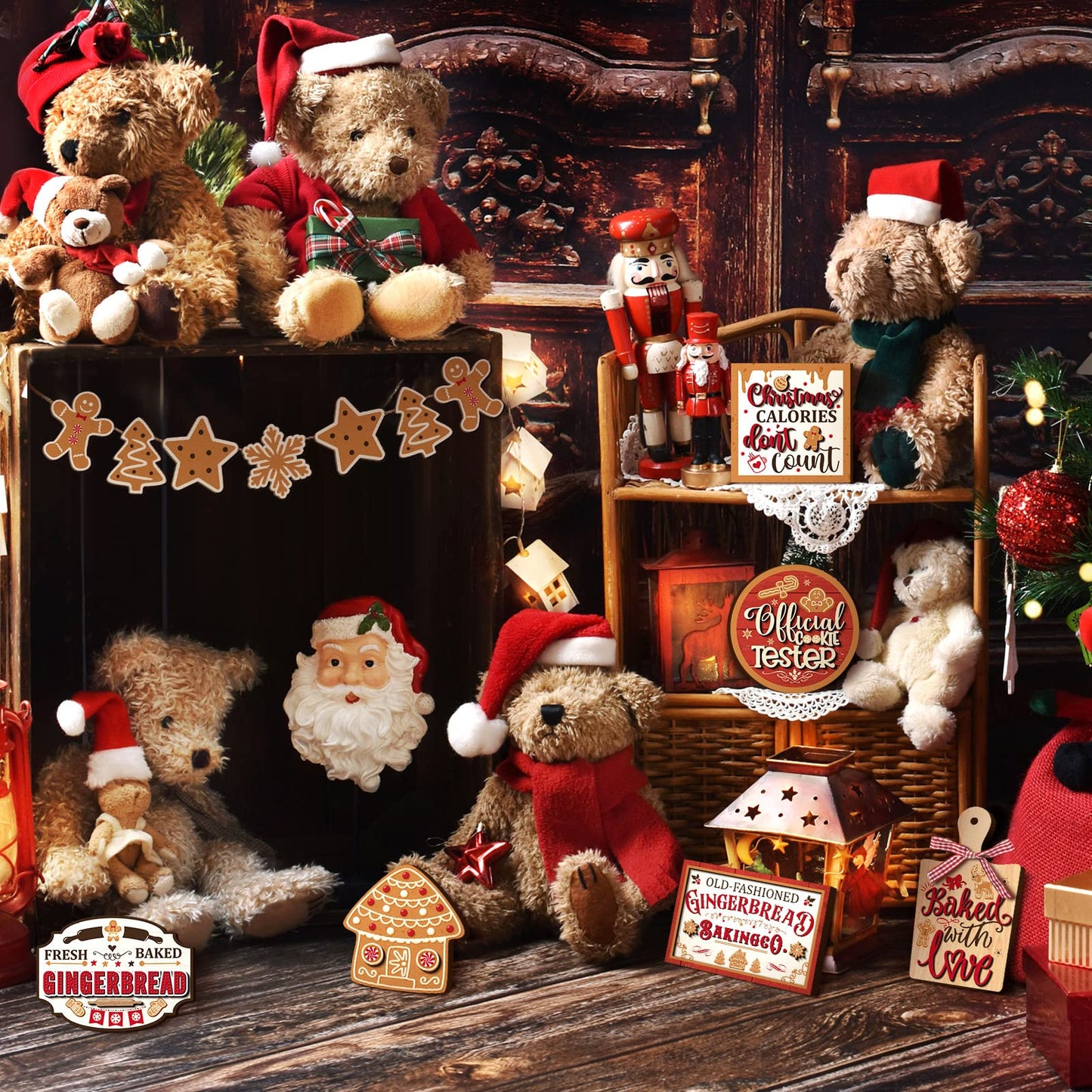 Kajaia 15 Pcs Winter Tiered Tray Decor Christmas Tiered Tray Decorations Set Snowman Snowflake Gingerbread Man Hot Cocoa Wooden Signs Farmhouse Winter Table Decorations(Gingerbread Man)