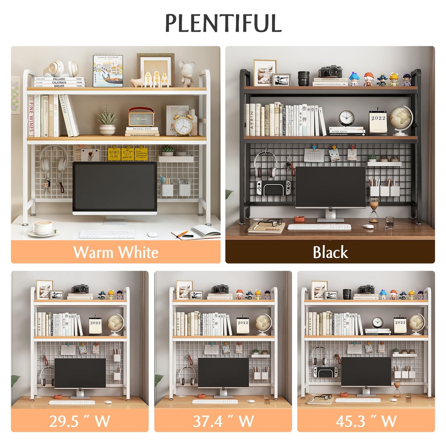 IOTXY 2-Tier Desktop Hutch Bookshelf - Metal Desk Shelf Bookcase with Grid Panel, Countertop Storage Organizer Rack for Dorm or Office, Black, 45.3" W