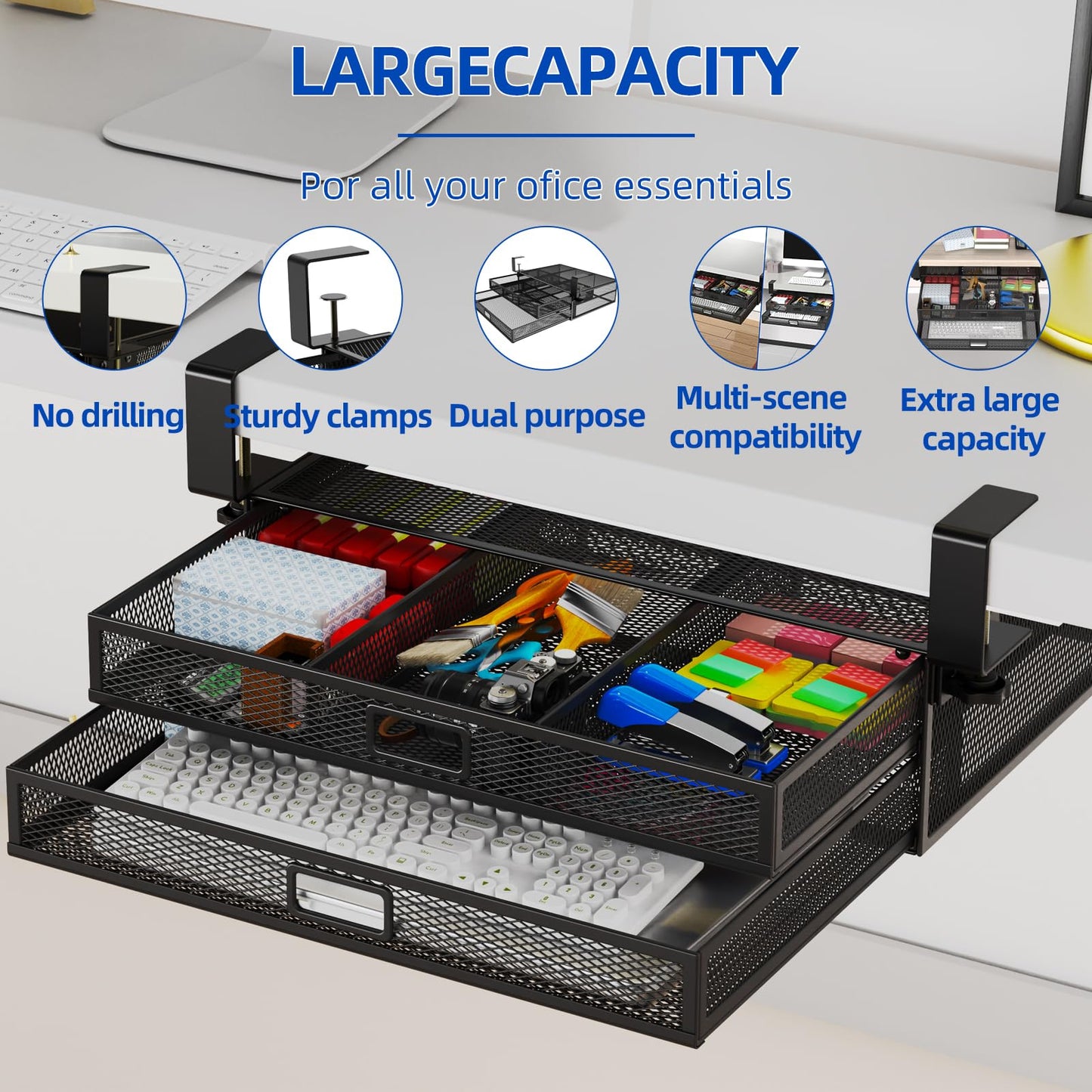 Under Desk Drawer Organizer No Drilling 2 Slide Out Drawer Under Table Storage Drawer Clamp On Under Desk Management Drawer Organizer Suitable for Home and Office