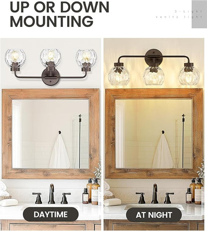 zeyu 3-Light Farmhouse Vanity Light, 23 inch Bathroom Light Fixtures with Water Ripple Globe Glass, Oil Rubbed Bronze Finish, ZS62BG-3W ORB-WG