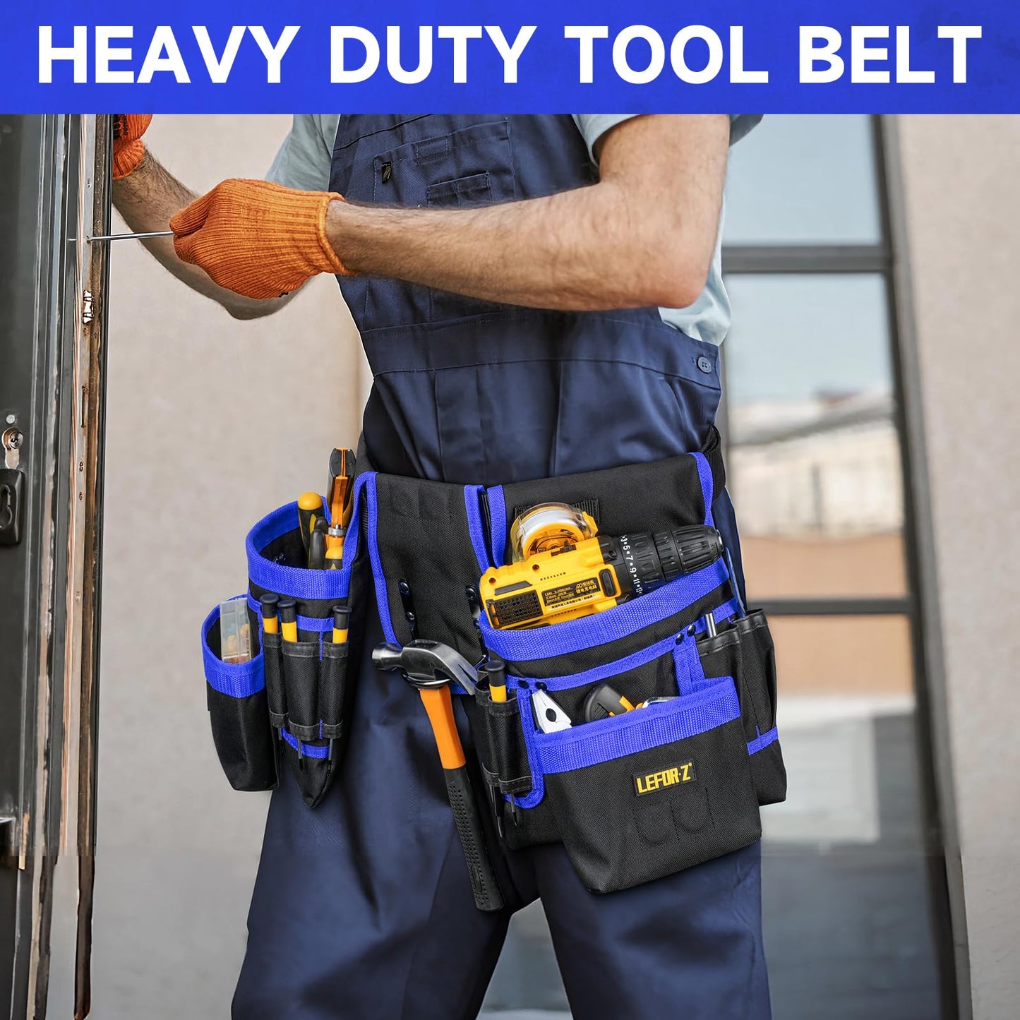 Tool Belt,Magnetic Tool Pouch,27-Pockets Heavy Duty Tool Belts for Men,Detachable Tool Pouch Bag for Electrician,Carpenter,Construction,Work Apron,Utility Belt,Valentines Day Gifts for Men,Black,Blue