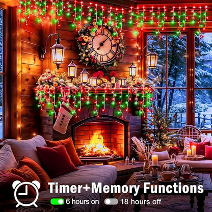 XURISEN 132ft Christmas Lights Decorations Outdoor, 1280 LED 8 Modes Fairy Lights with 240 Drops,Plug in Waterproof Timer Memory Function for Christmas Holiday Wedding Party Decorations(Red+Green)