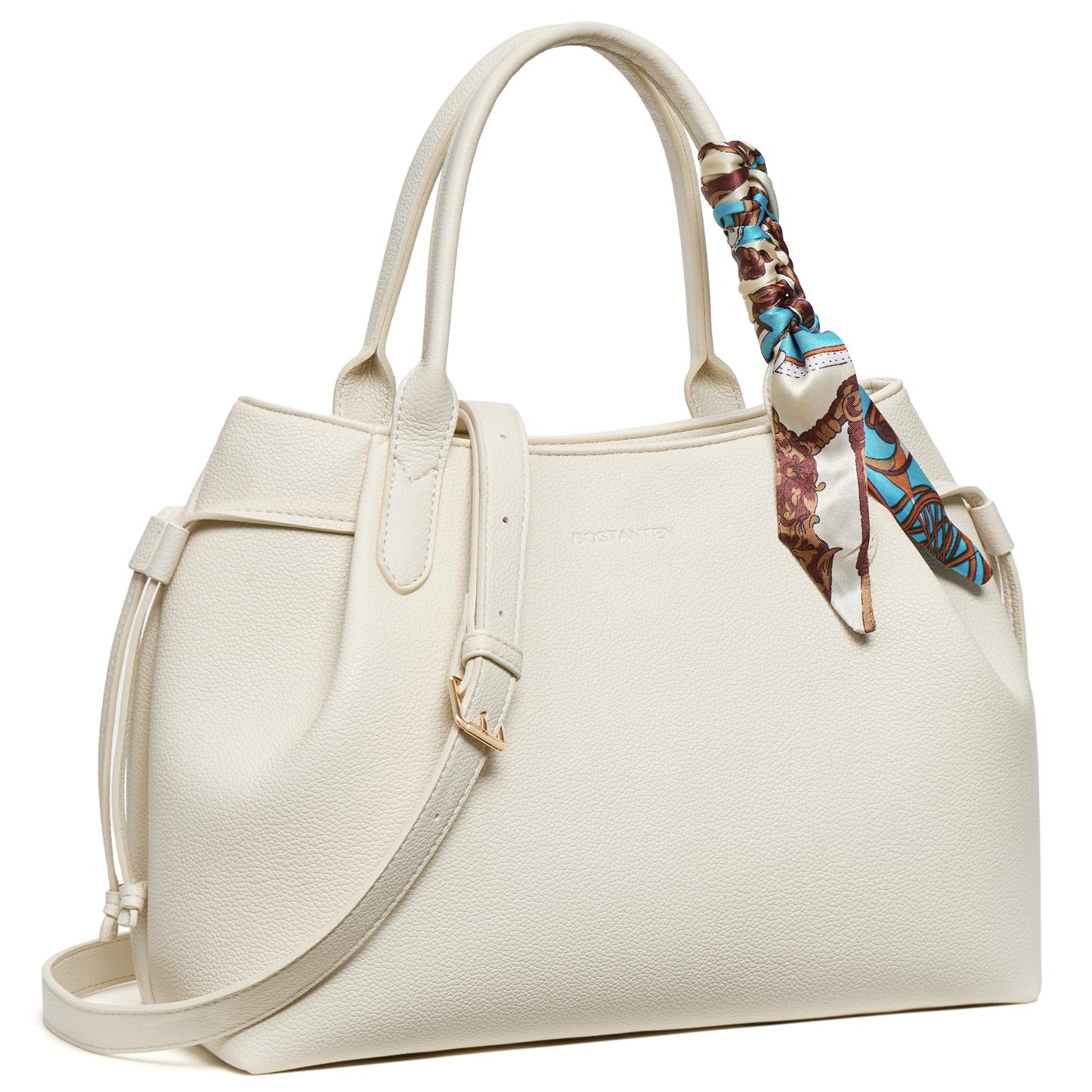 BOSTANTEN Silk Scarf Satchel bags Vegan Leather Purses for women Medium Work Tote bag with Removable Strap Off White