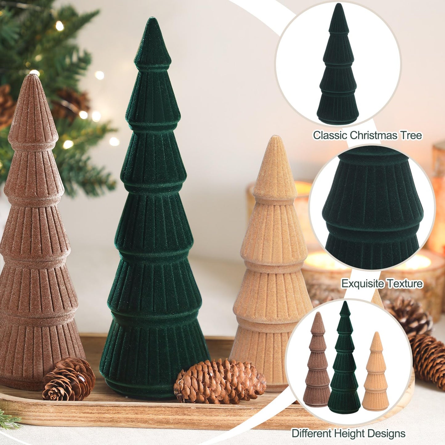 Bucherry 3 PCS Velvet Christmas Tree Figurines Decoration - 8" 10" 14" Modern Cone Christmas Tabletop Home Rustic Centerpiece Set for Winter Holiday Mantel Entryway Party Decor(Green and Khaki)