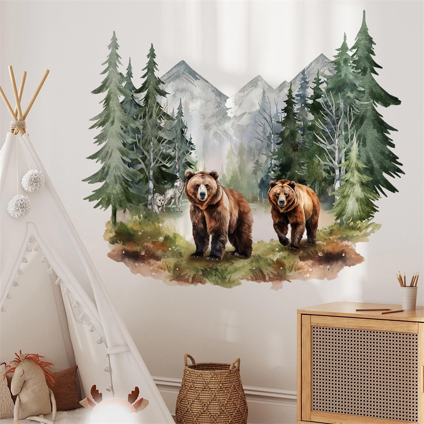 Brown Bear Dream Forest Wall Stickers, sacinora Wild Jungle Animal Wall Decals Removable Vinyl Peel and Stick for Living Room Bedroom Nursery Sofa TV Background Art Decorations