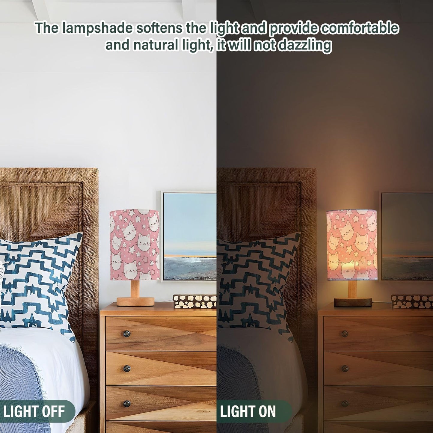 Bedside Table Lamp Cat Star Pink Table Lamp for Bedroom Nightstand Lamp with USB Port LED Desk Lamp Shade Living Room Dorm Office