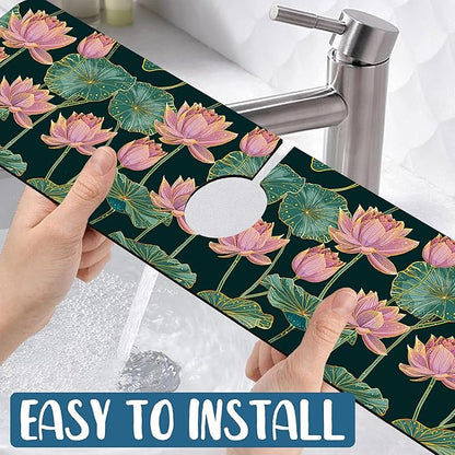 Lotus Pond Pattern Kitchen Sink Splash Guard Faucet Mat Lotus Flowers Leaves